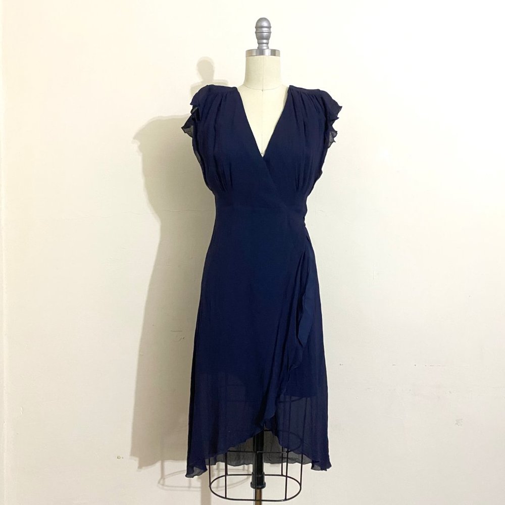 IRIS & INK Ruffled Chiffon Wrap Navy Dress